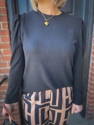 Black Ribbed Puff Sleeve Top