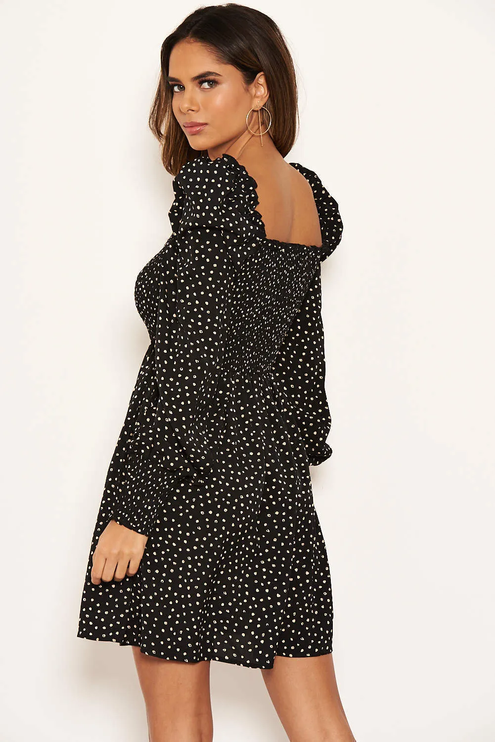 Black Spotty Square Neck Elasticated Swing Dress