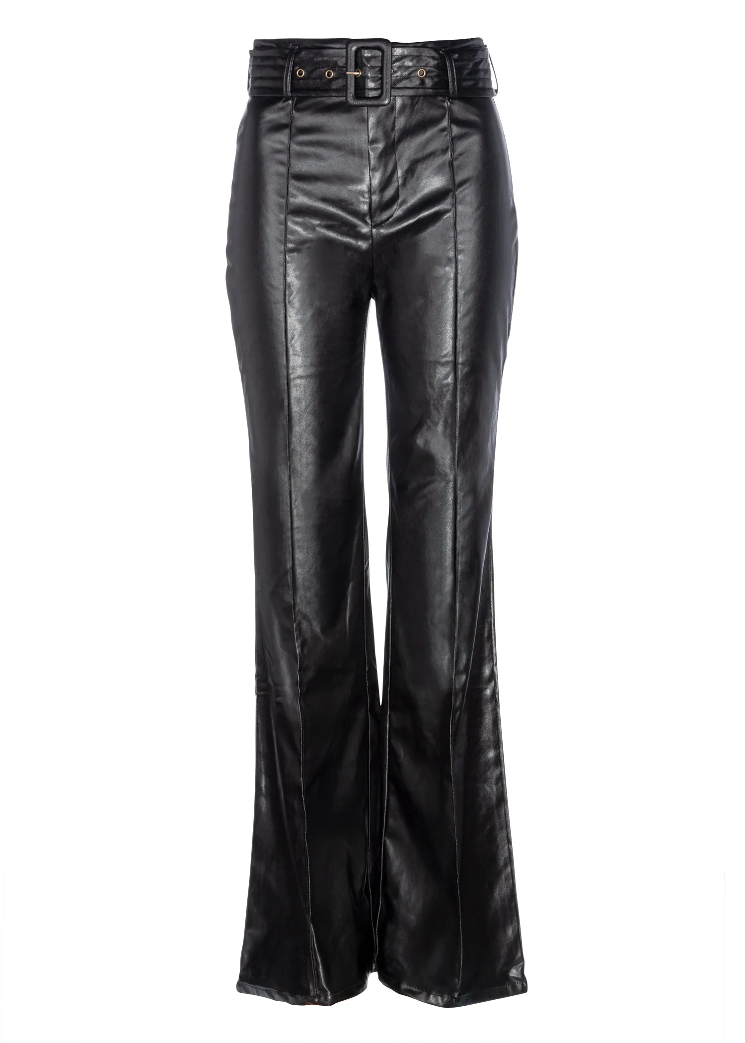 Black Vegan Leather Bell Bottoms with Belt