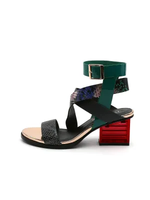 Block Heel Cross Triple-Stap Leather Sandal - Green