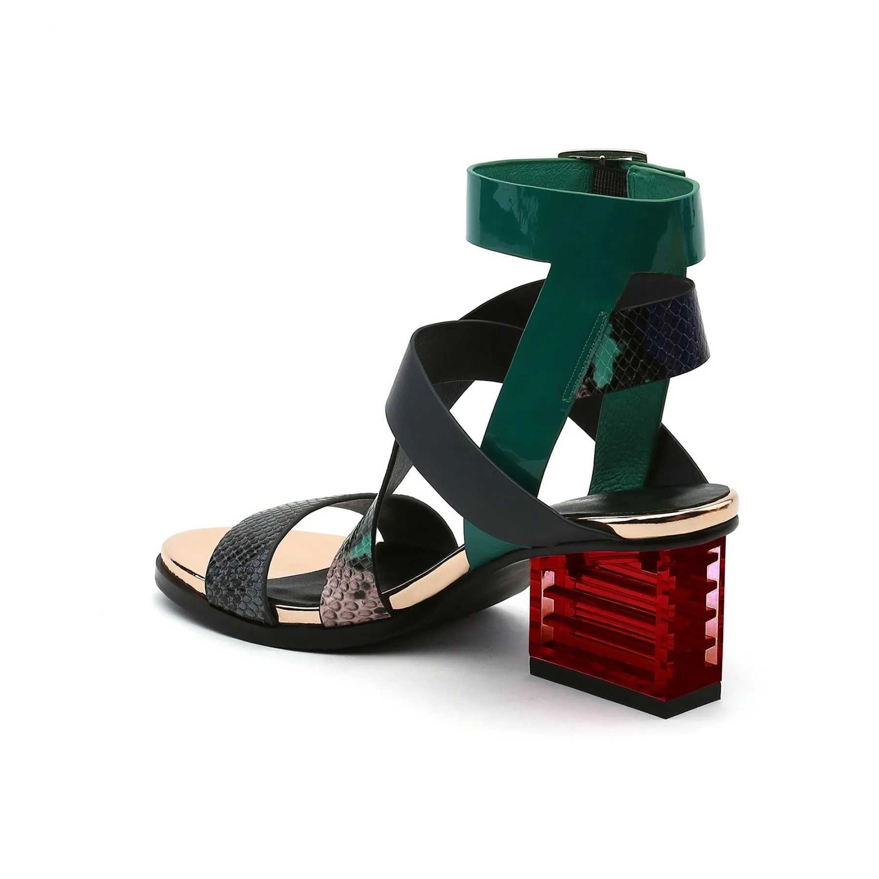 Block Heel Cross Triple-Stap Leather Sandal - Green