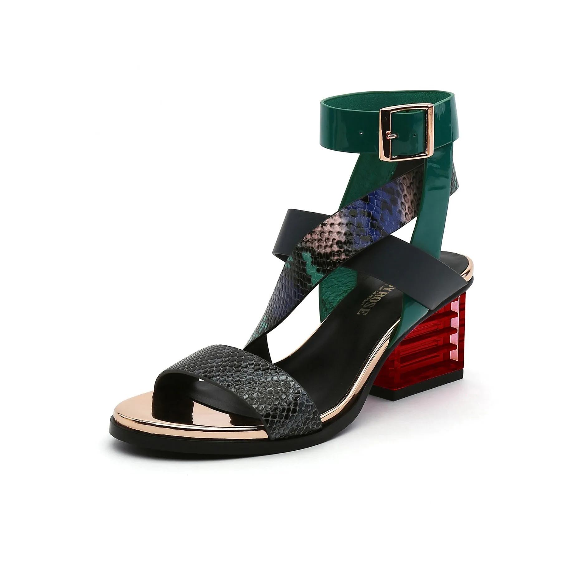 Block Heel Cross Triple-Stap Leather Sandal - Green