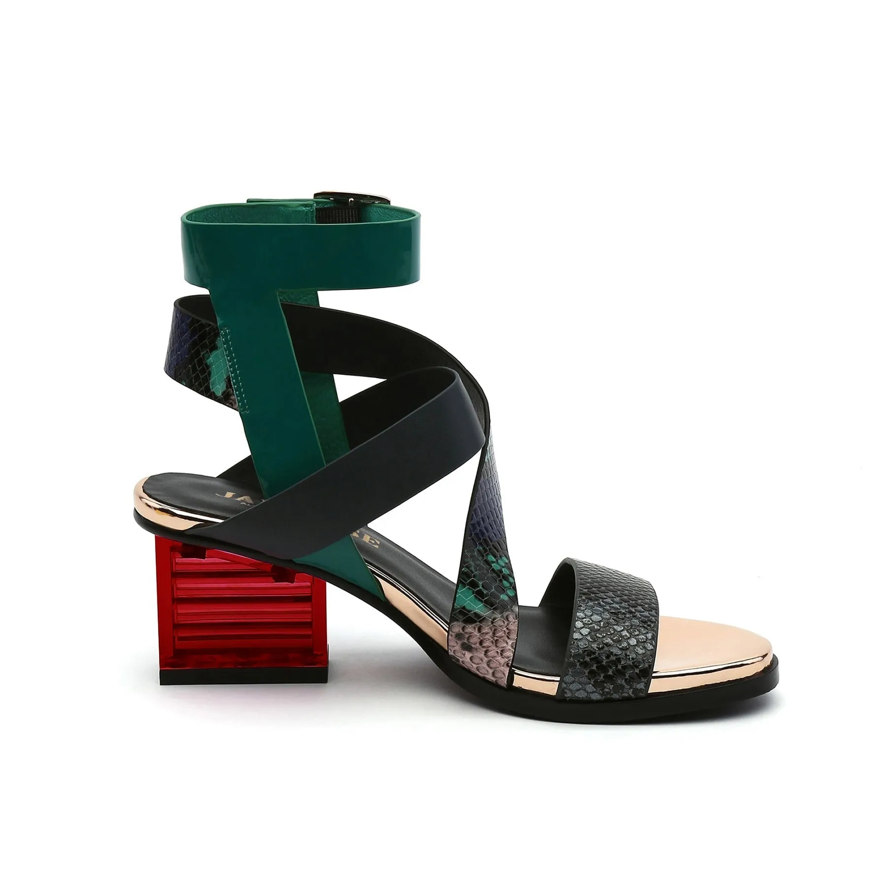 Block Heel Cross Triple-Stap Leather Sandal - Green