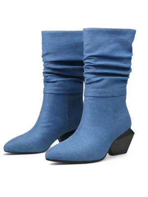 Block Heel Denim Ruched Ankle Boots