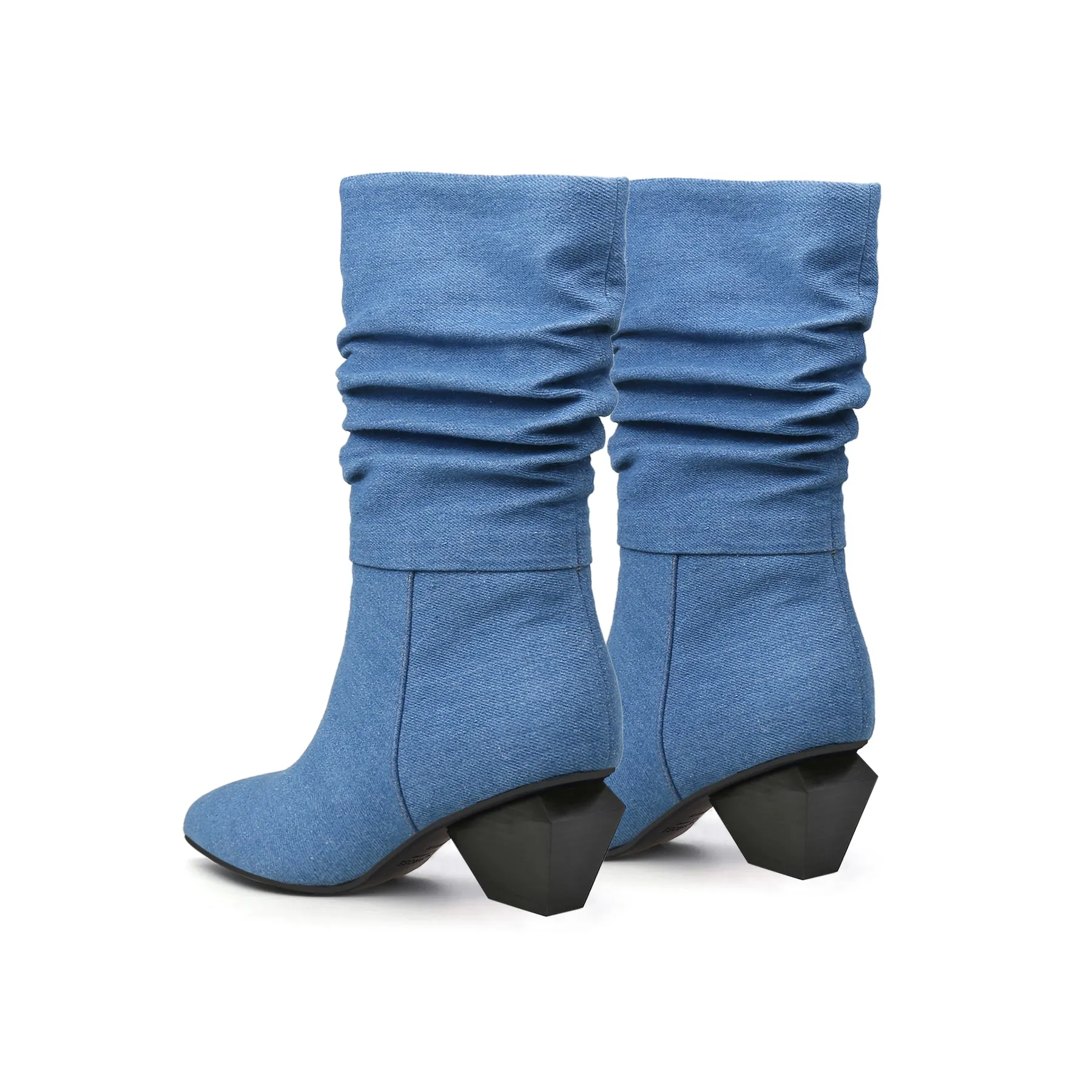 Block Heel Denim Ruched Ankle Boots