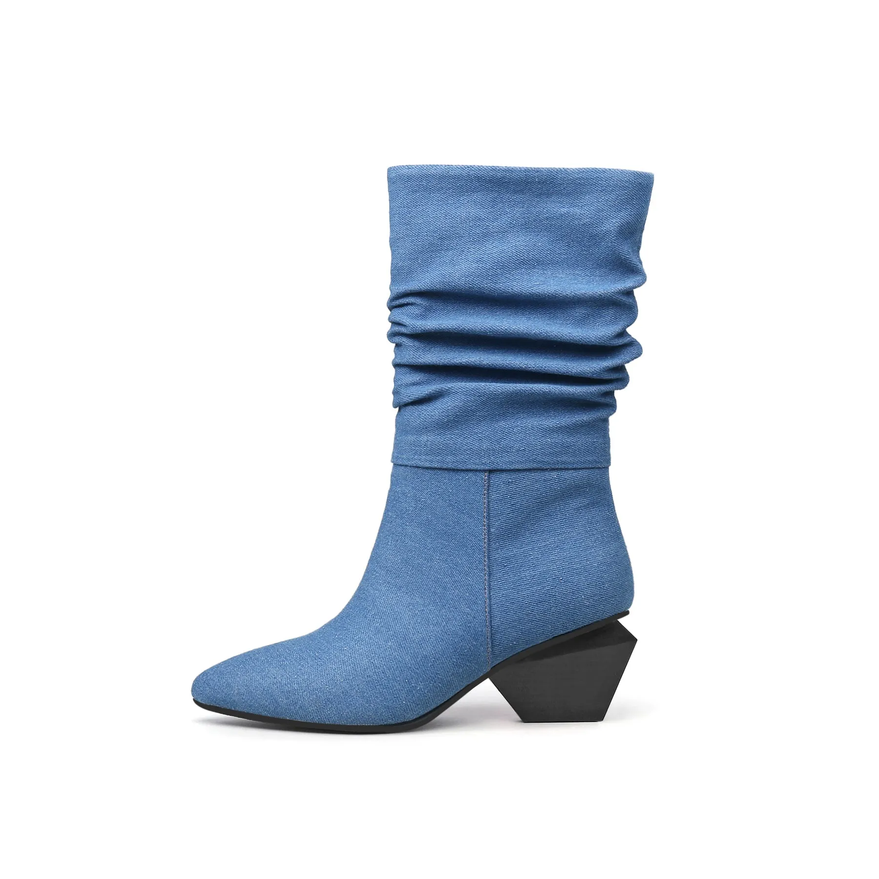 Block Heel Denim Ruched Ankle Boots