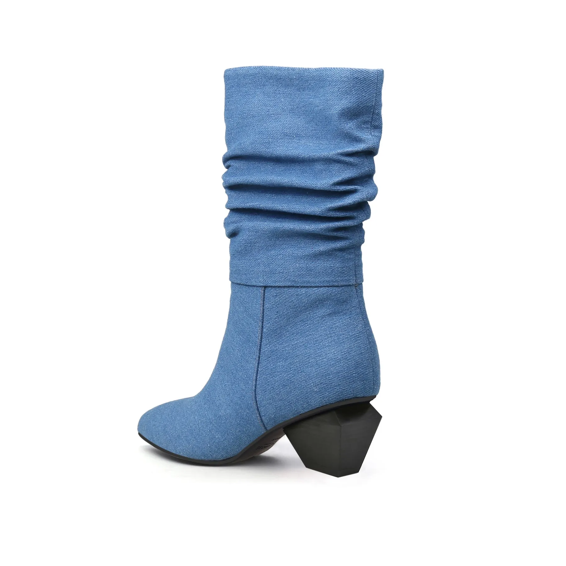 Block Heel Denim Ruched Ankle Boots