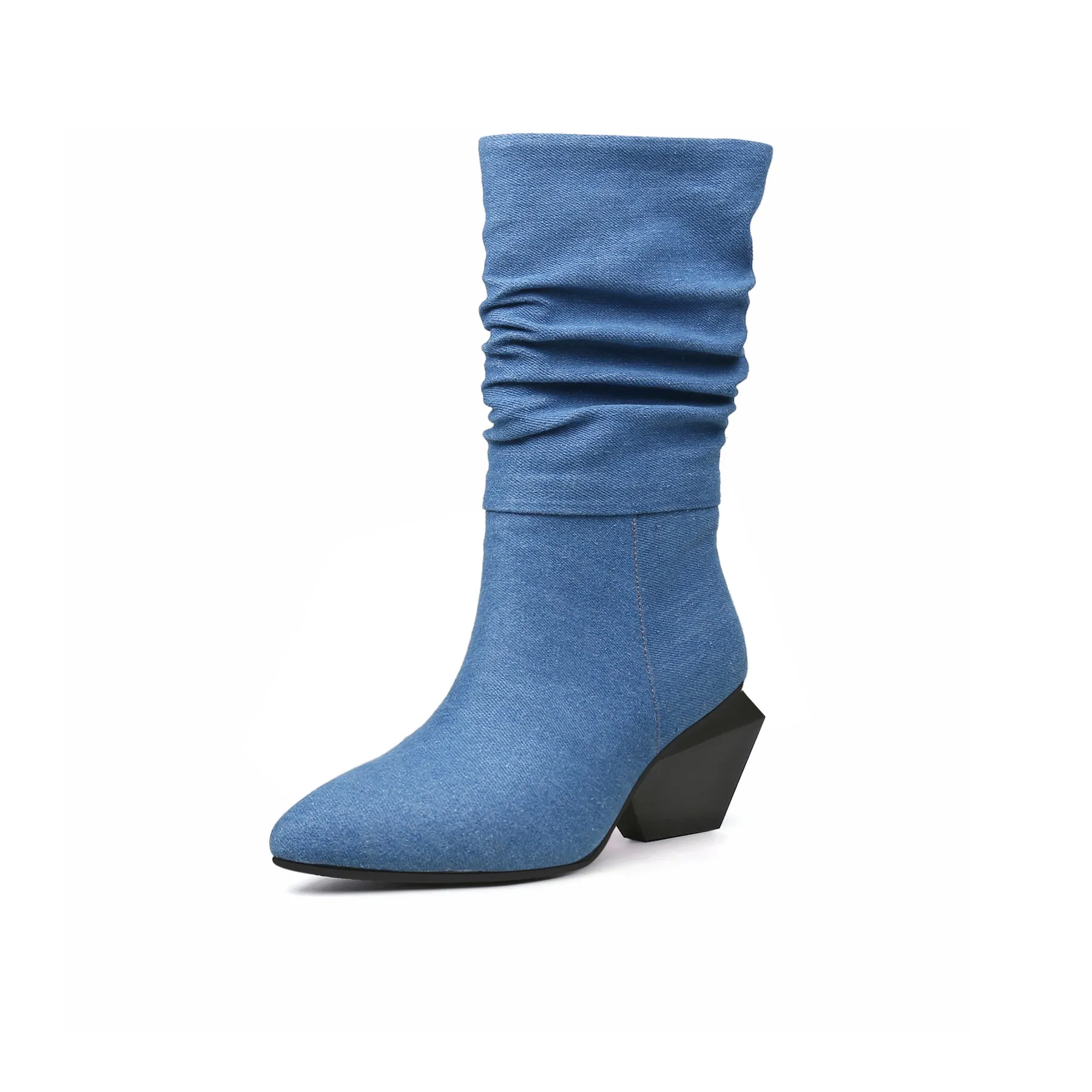 Block Heel Denim Ruched Ankle Boots