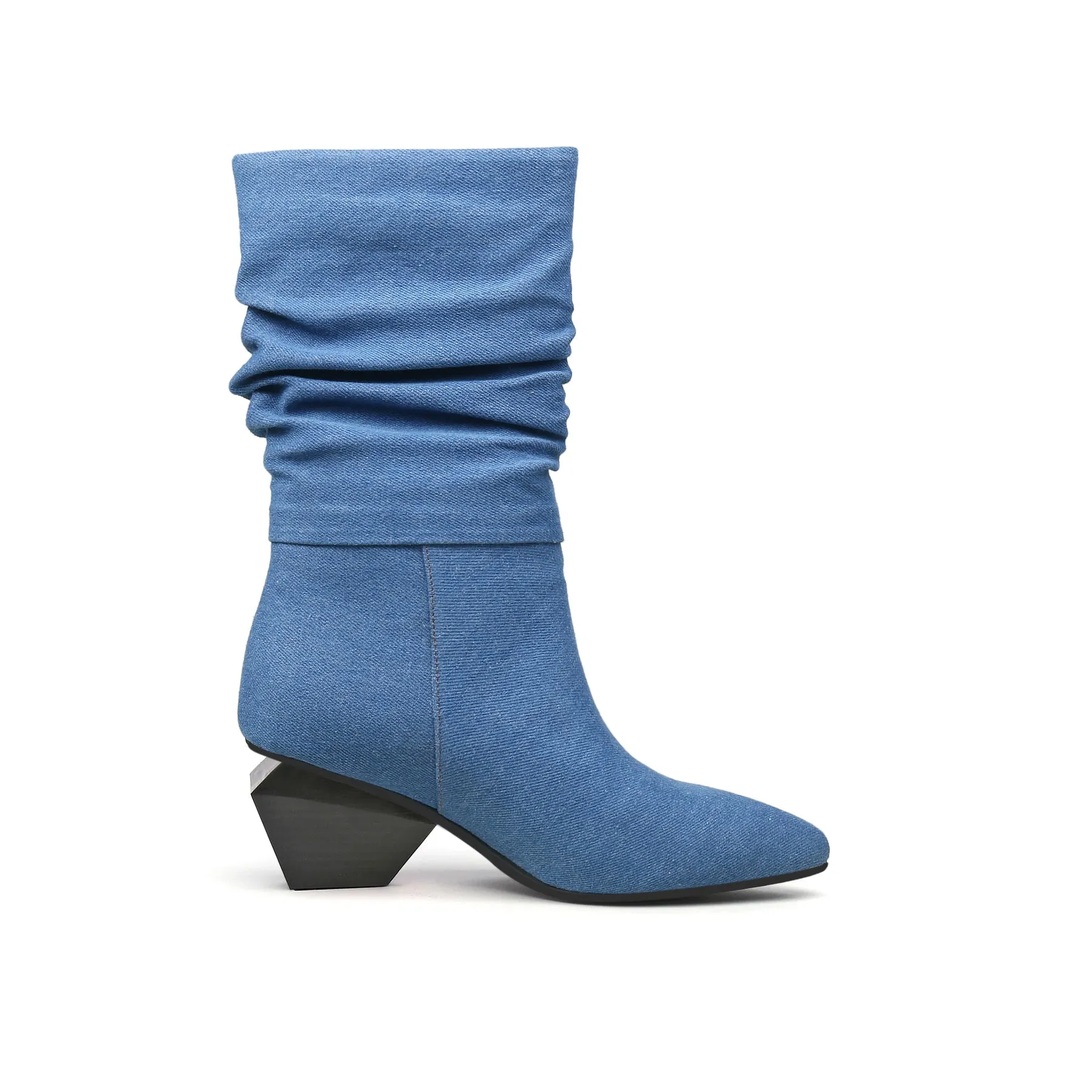 Block Heel Denim Ruched Ankle Boots