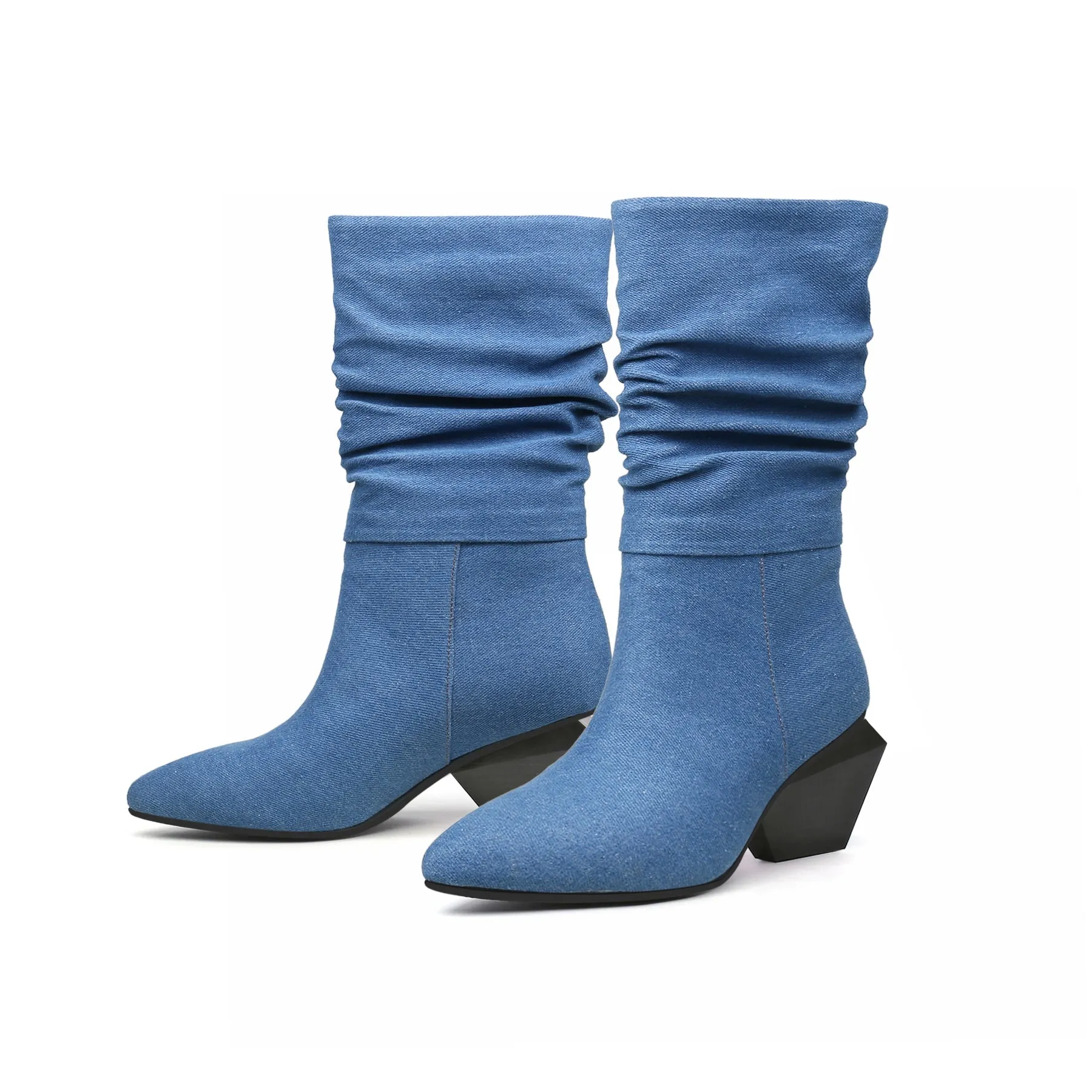 Block Heel Denim Ruched Ankle Boots