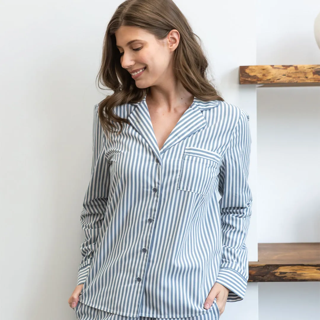 Blue Striped Poplin Women's PJ Set
