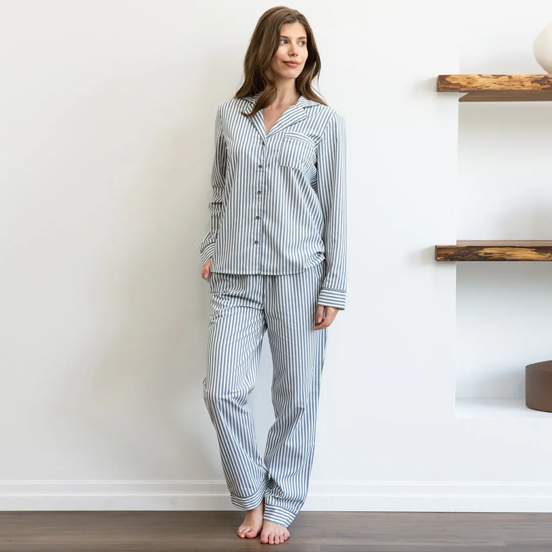 Blue Striped Poplin Women's PJ Set