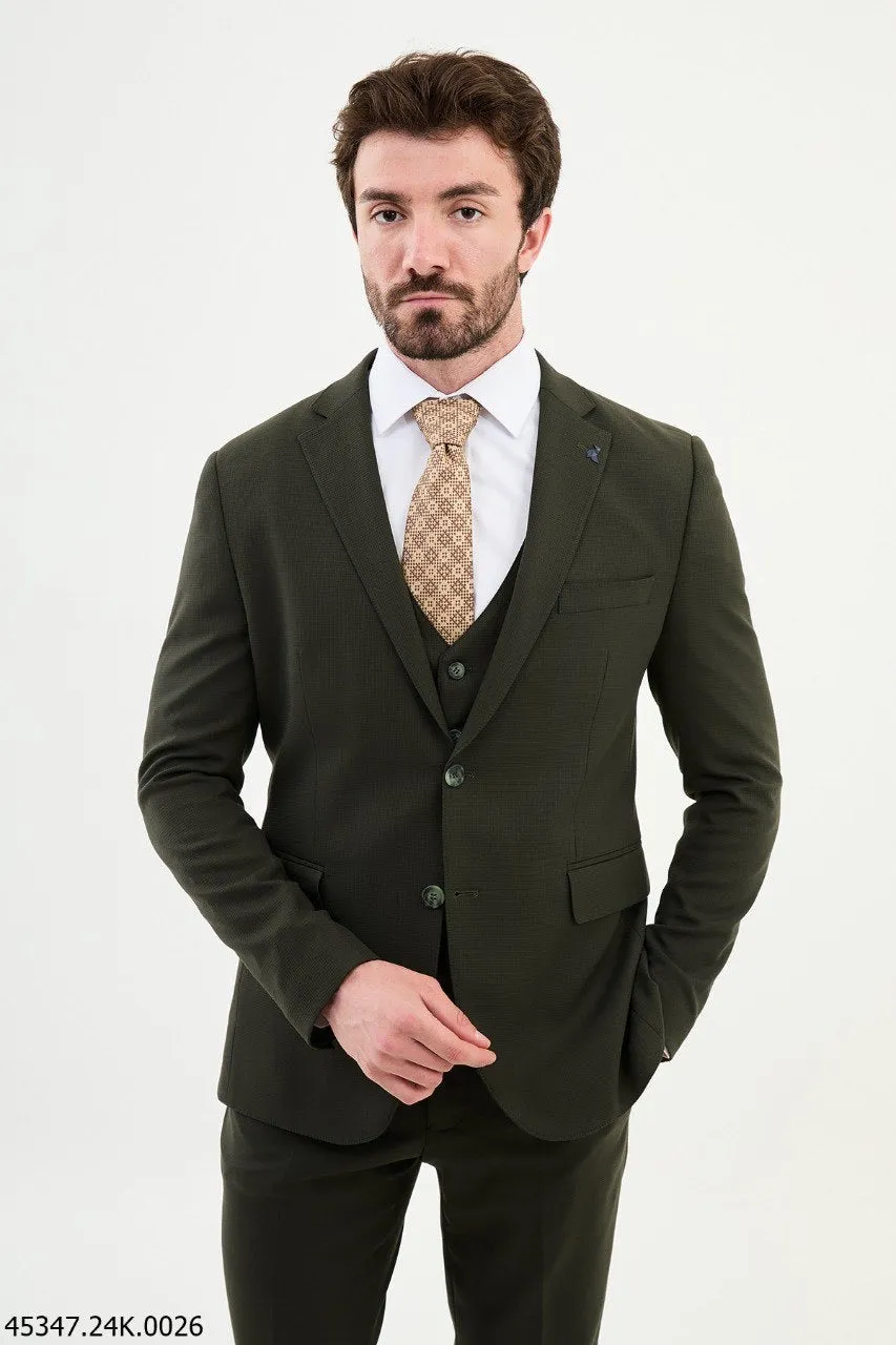 Brabion Diego Khaki Notch Lapel 3 Piece Wool Suit - Modern Elegance for Every Occasion