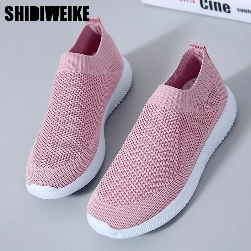 breathable air mesh sneakers women slip on platform knitting flats