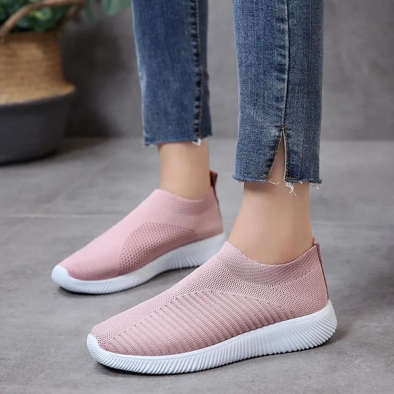 breathable air mesh sneakers women slip on platform knitting flats