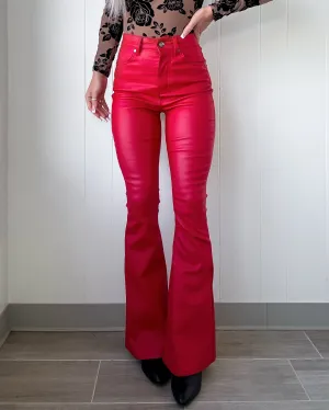 Brittany Faux Leather Flare Pants - Red