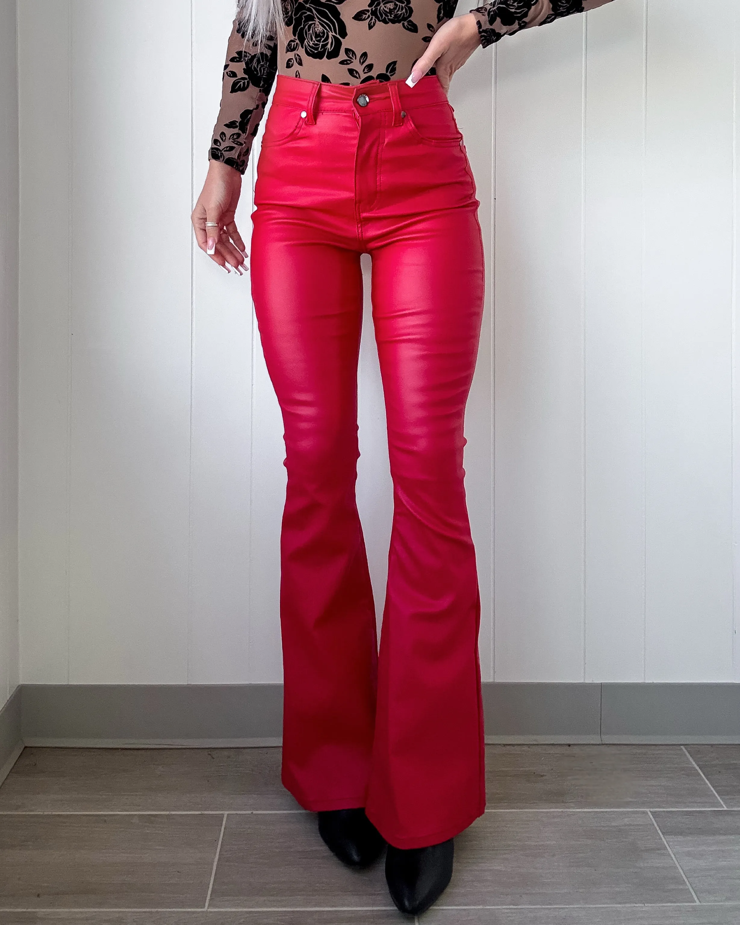 Brittany Faux Leather Flare Pants - Red