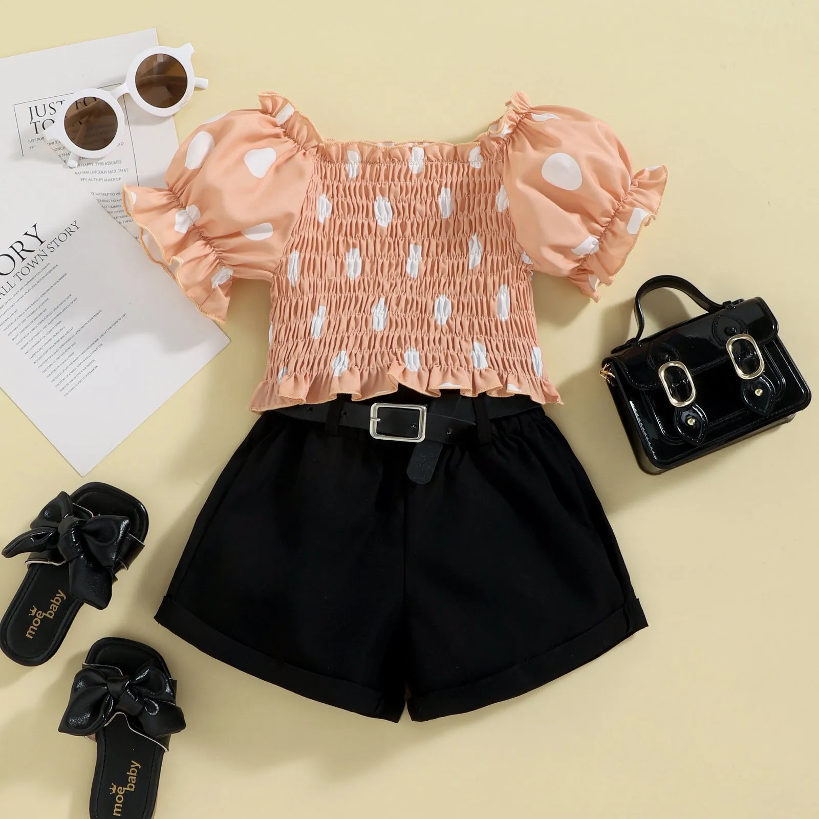 Bubble Short Sleeve Top Shorts with Belt Suit