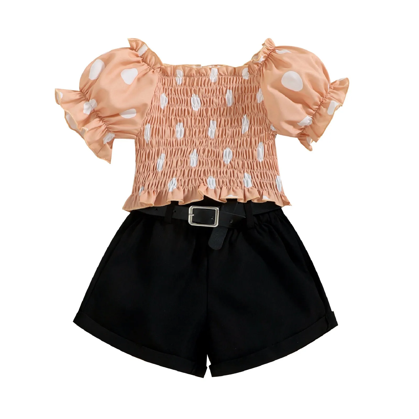 Bubble Short Sleeve Top Shorts with Belt Suit