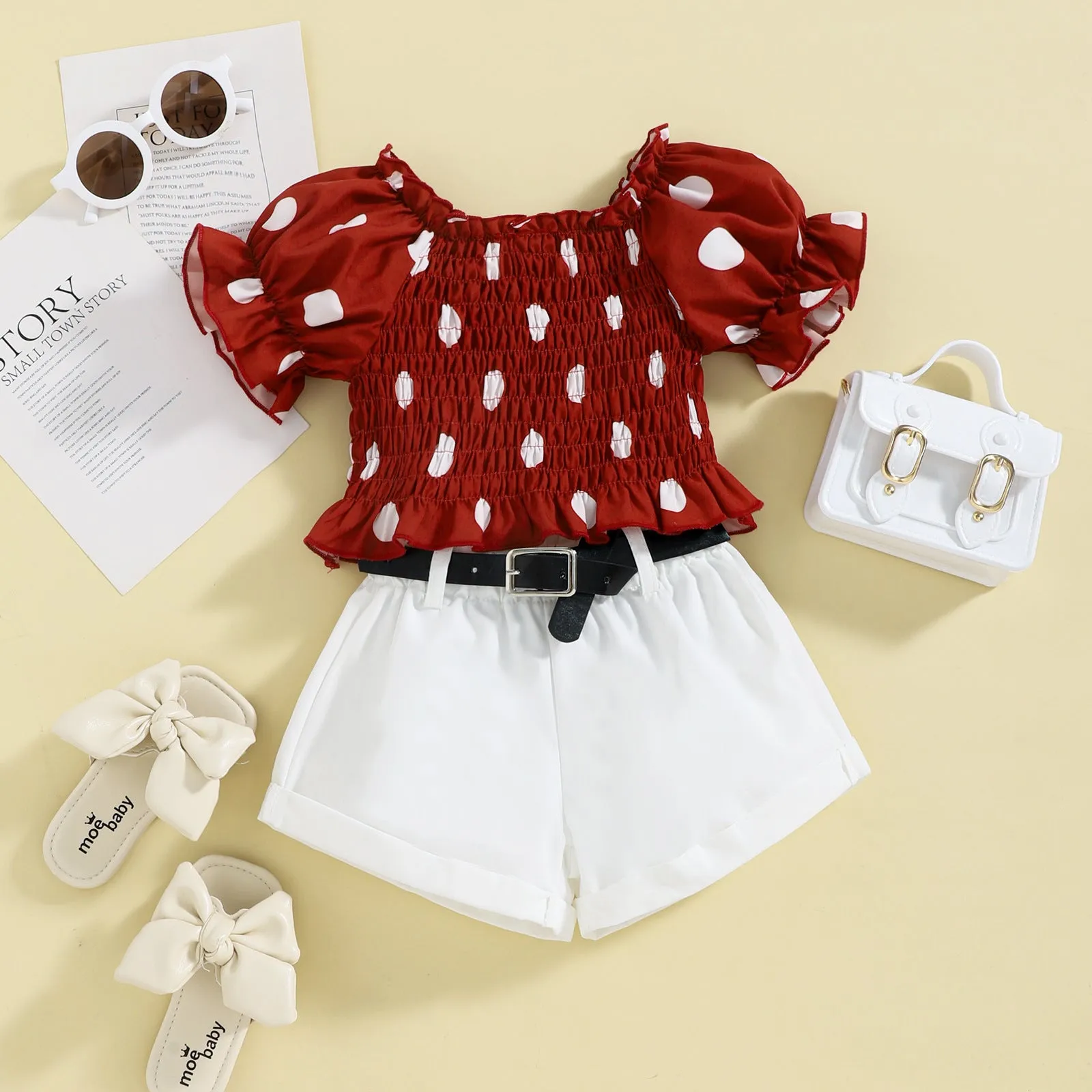 Bubble Short Sleeve Top Shorts with Belt Suit