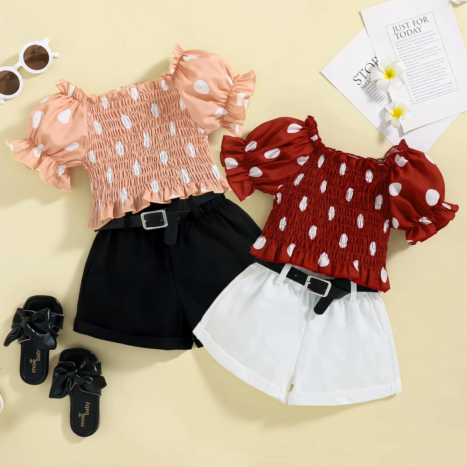 Bubble Short Sleeve Top Shorts with Belt Suit