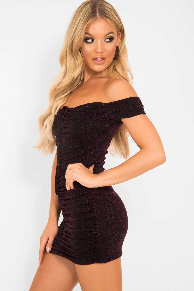 Burgundy Glitter Ruched Slinky Lace Up Dress - Rosina