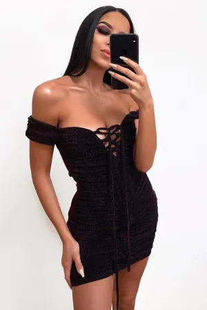 Burgundy Glitter Ruched Slinky Lace Up Dress - Rosina