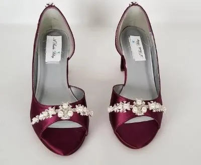 Burgundy Wedding Shoes with Pearl and Crystal Design