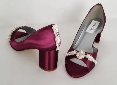 Burgundy Wedding Shoes with Pearl and Crystal Design