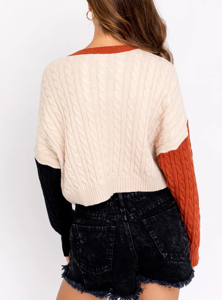 Cable Color Block Crop Sweater