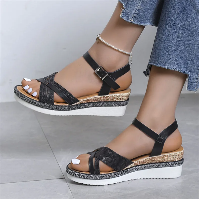 Casual Cross Strap Wedge Heel Buckle Roman Sandals for Women