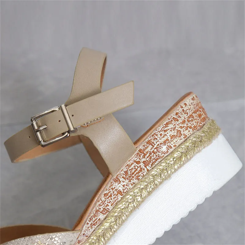 Casual Cross Strap Wedge Heel Buckle Roman Sandals for Women