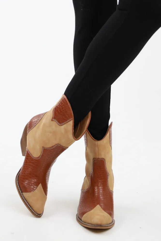 Casual Western Colorblock Booties - Brown