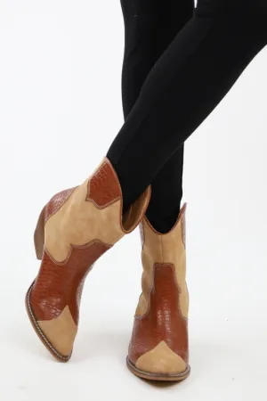 Casual Western Colorblock Booties - Brown