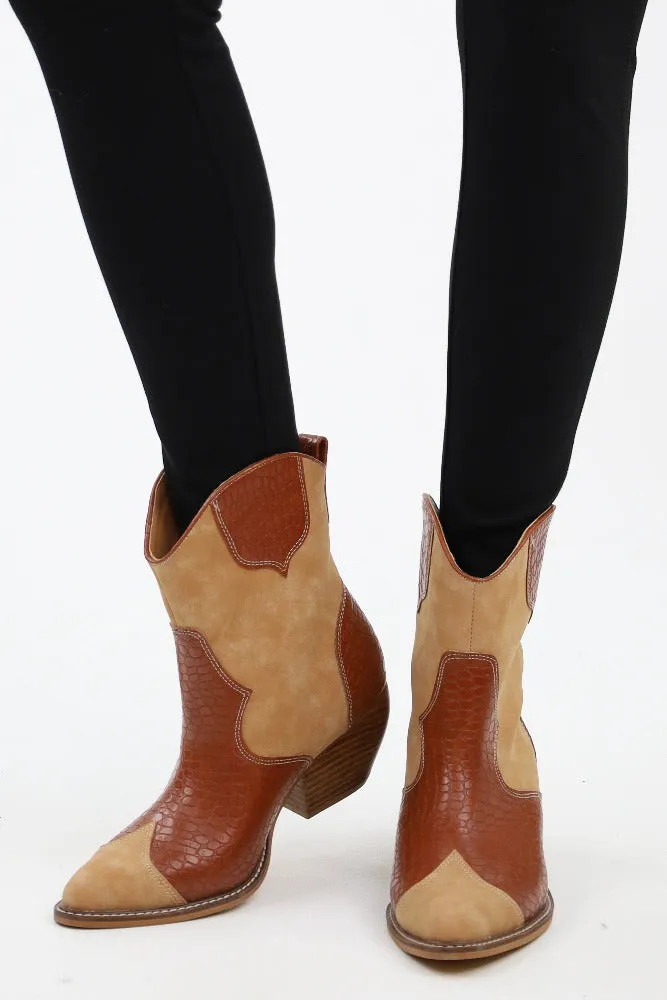 Casual Western Colorblock Booties - Brown
