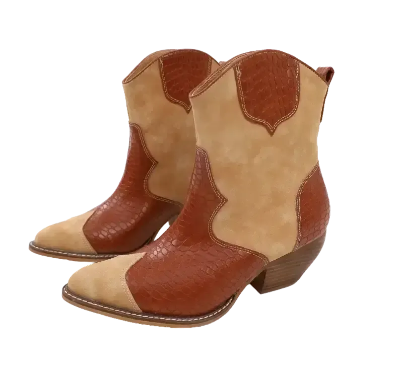 Casual Western Colorblock Booties - Brown