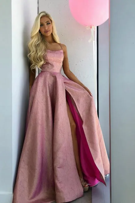 Cheap Prom Dresses A-Line Spaghetti Straps Backless Sweep Train Rose Pink Split Long Prom Dress OHC563