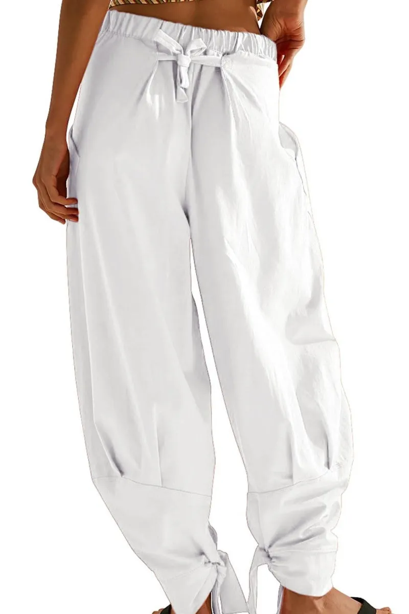 Chouyatou Women Tapered Wide Leg Lounge Pants Summer Harem Pants Elastic Waist Slacks Beach Baggy Pants Pockets