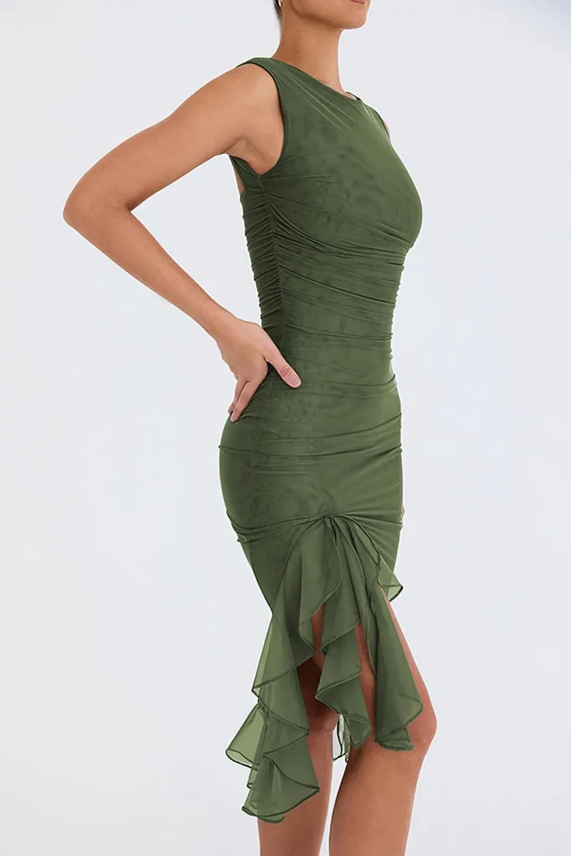 Chouyatou Women's Summer Sleeveless Backless Stretchy Bodycon Ruffled Y2K Tulle Tank Dress