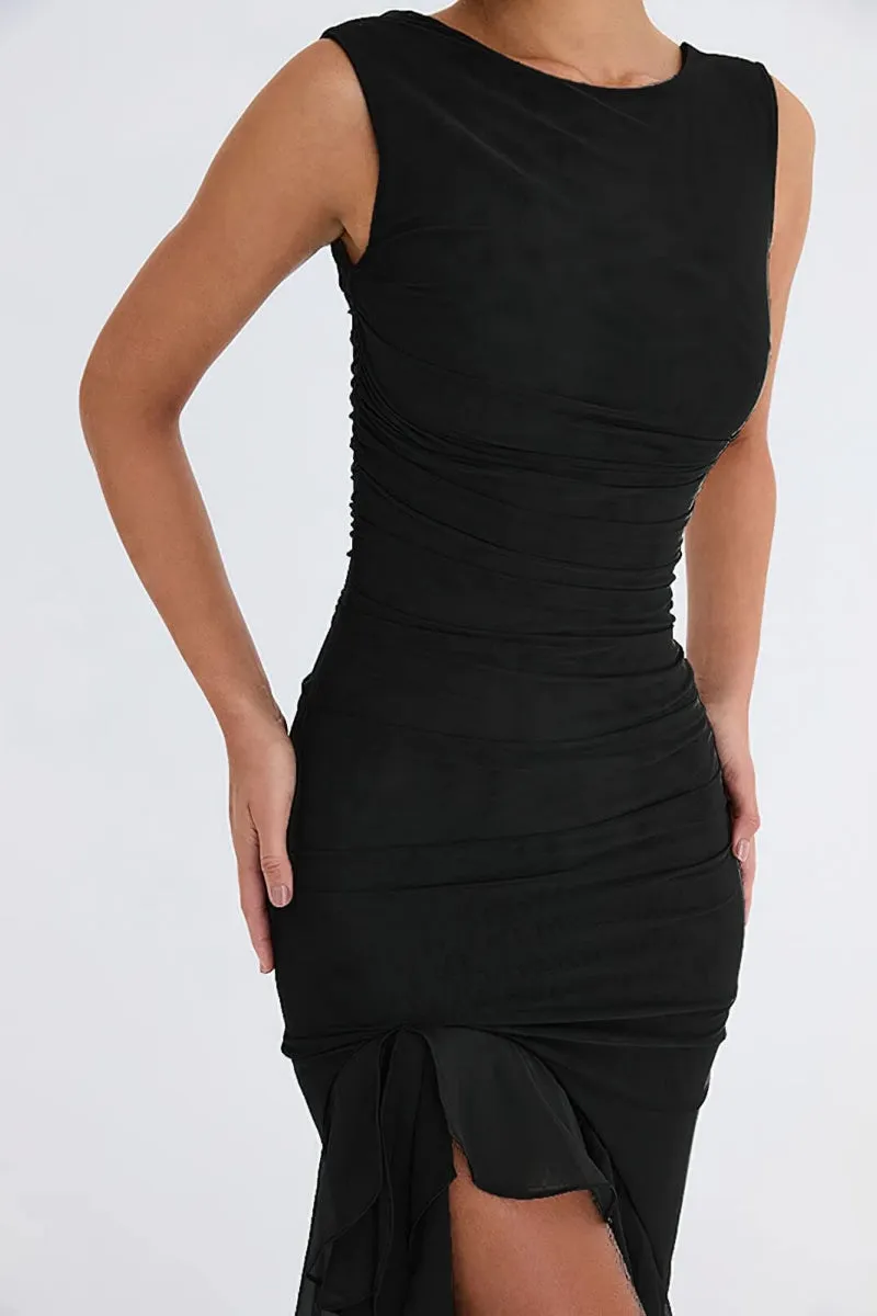 Chouyatou Women's Summer Sleeveless Backless Stretchy Bodycon Ruffled Y2K Tulle Tank Dress