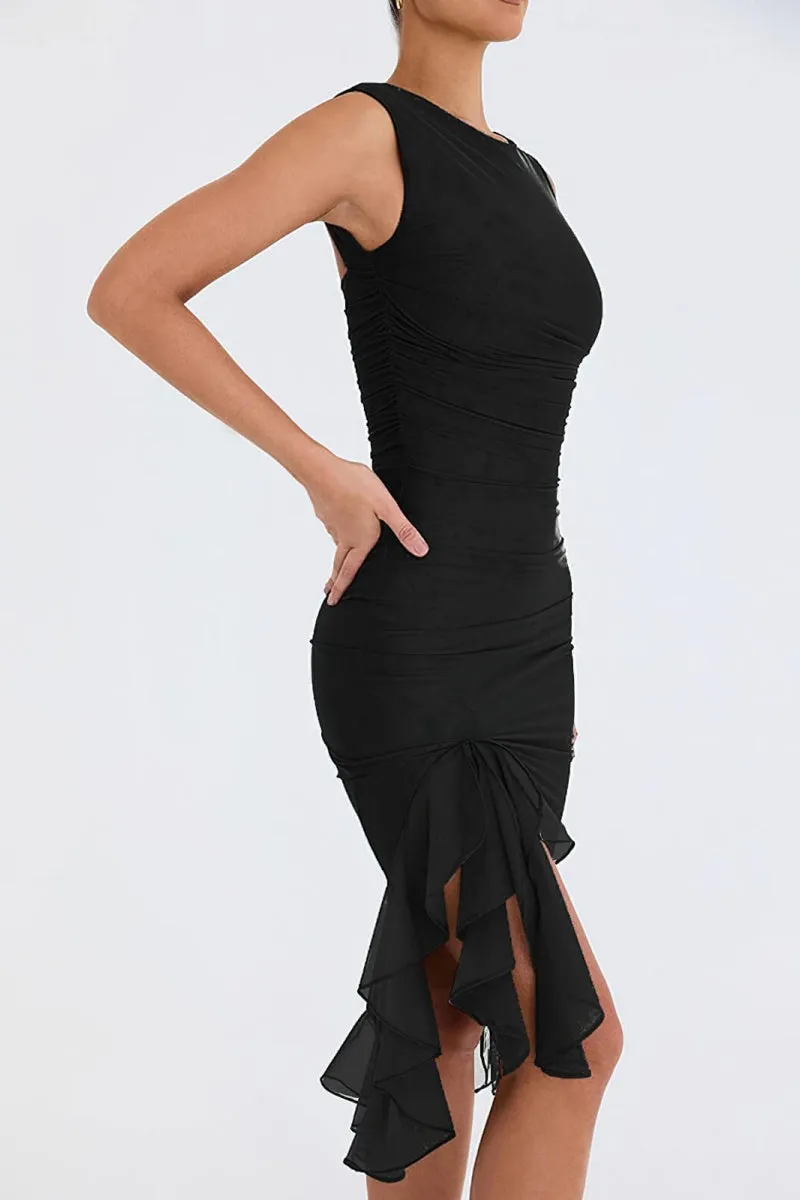 Chouyatou Women's Summer Sleeveless Backless Stretchy Bodycon Ruffled Y2K Tulle Tank Dress