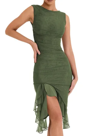 Chouyatou Women's Summer Sleeveless Backless Stretchy Bodycon Ruffled Y2K Tulle Tank Dress