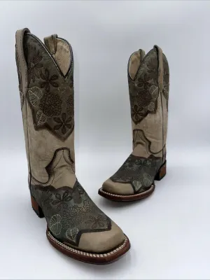 CIRCLE G WOMEN'S SAND BROWN FLORAL EMBROIDERED WESTERN BOOTS SQUARE TOE SIZE 5.5 - Very Good
