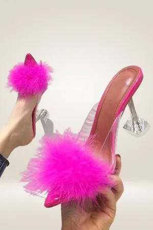 Clear Stiletto High Heel Pink Fur Sandals