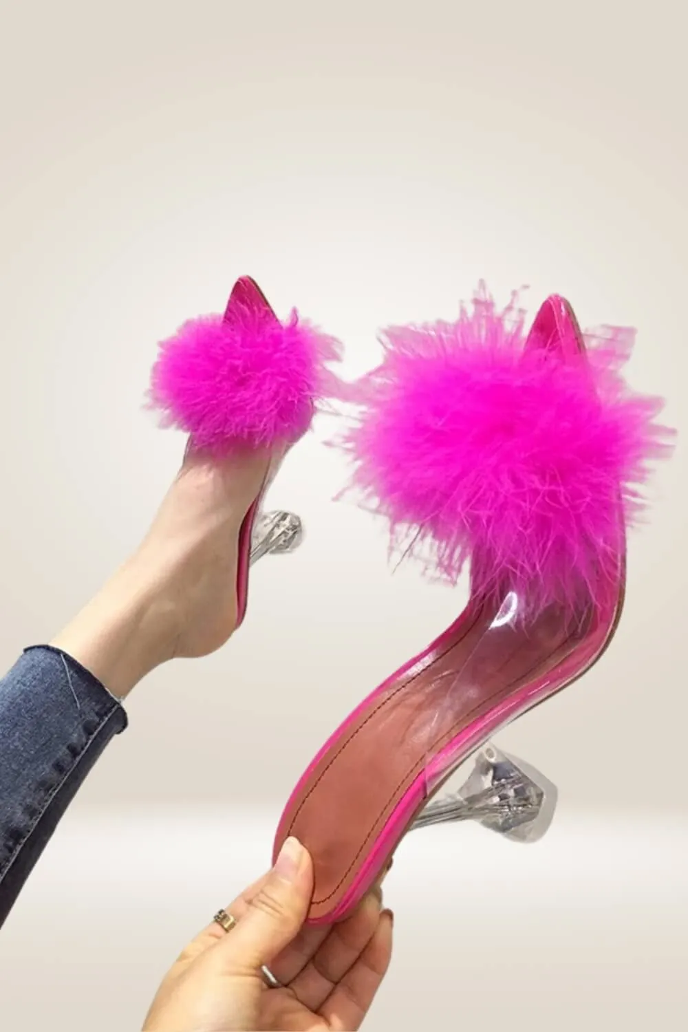 Clear Stiletto High Heel Pink Fur Sandals