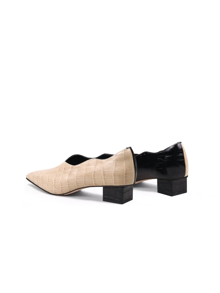 Color-Block Croc-Embossed Point Toe Mid Heel Leather Pumps - Beige