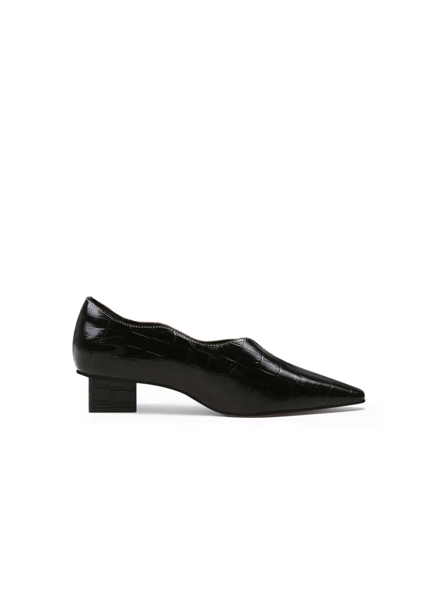 Color-Block Croc-Embossed Point Toe Mid Heel Leather Pumps - Beige