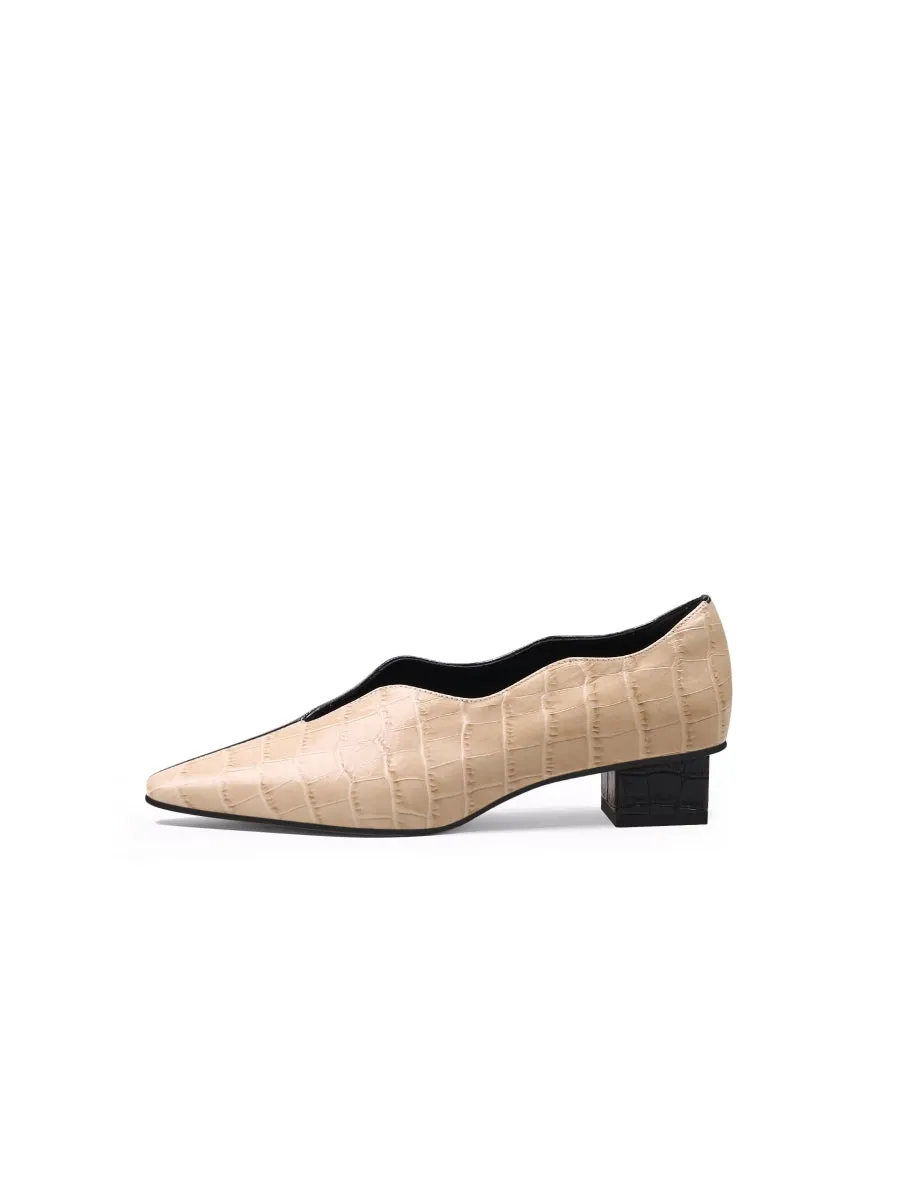Color-Block Croc-Embossed Point Toe Mid Heel Leather Pumps - Beige