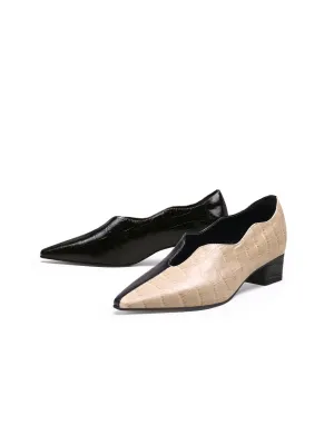 Color-Block Croc-Embossed Point Toe Mid Heel Leather Pumps - Beige
