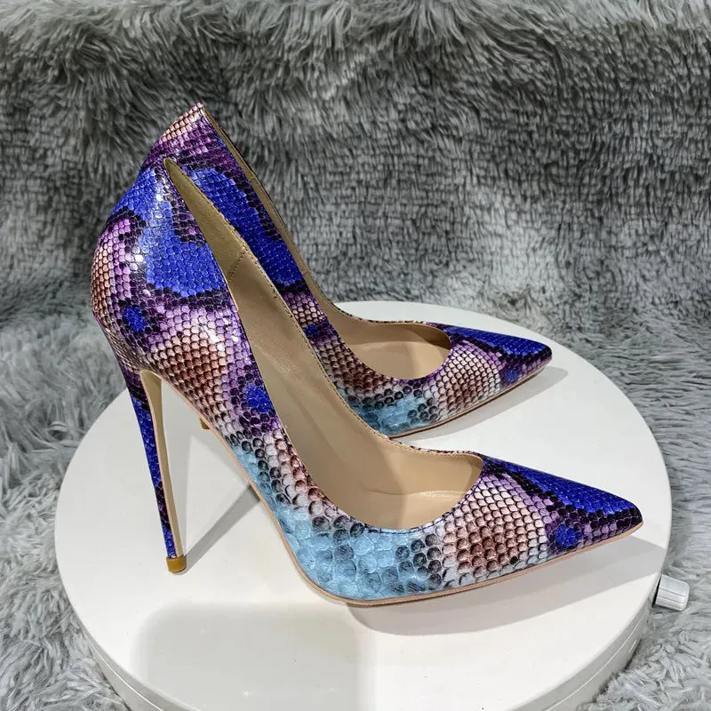 Color blocking snake pattern Leather High Heel Shoes